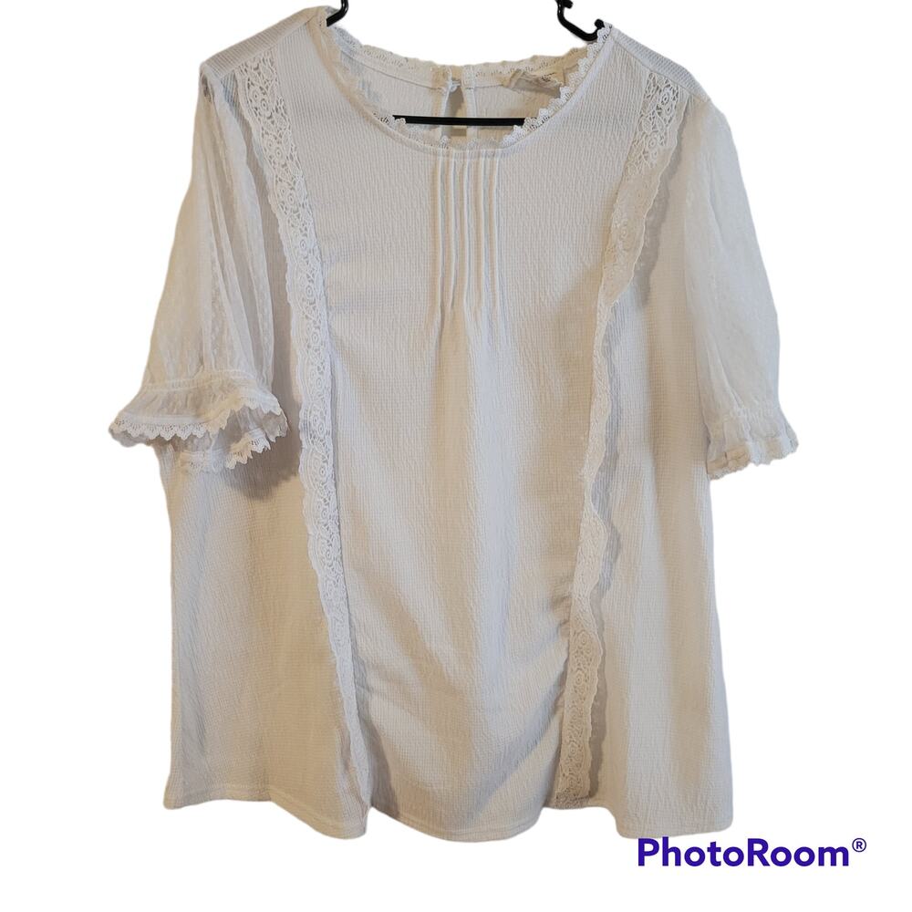 Flower & Feather Women's 2XL White Lace Blouse Top Boho Short Sleeve